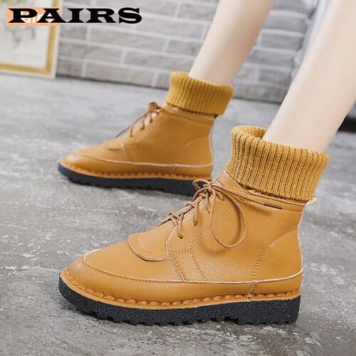 2019 Winter Waterproof Leather Socks Boots Women Fashion Lace Up Platform Shoes Woman Comfort Square Heel Ankle Boots Mujer