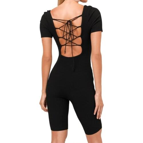 Women Summer sexy V-neck Bandage Rompers Fashion Short Sleeve Fintess Jumpsuits Playsuits Backless Jumpsuit Stretch Clubwear