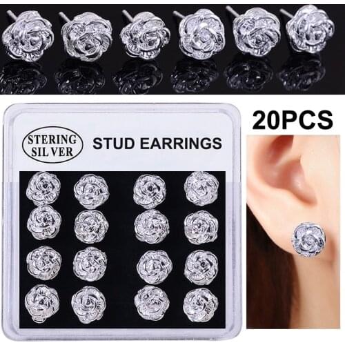 20PCS Box 925 Sterling Silver 8mm Cute Rose Flower Stud Earrings for Women Silver Womens Earrings In Fashion Jewelry Wholesale