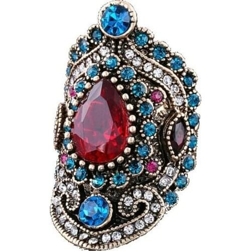 Blucome Colorful Red Resin Rhinestone Rings Women Wedding Jewelry Vintage Flower Turkish Ring Bijuterias Anel Vintage Aneis