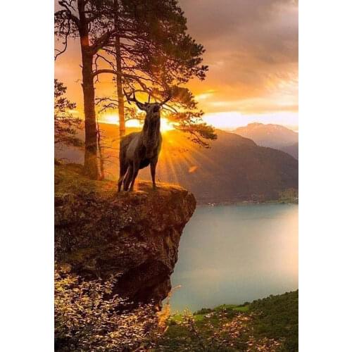 5D DIY Diamond Painting Deer Sunset Scenery Cross Stitch Kit Diamond Embroidery Animal Mosaic Rhinestone Home decoration Gift