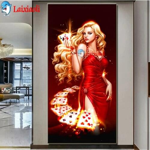New Diamond Embroidery red dress girl playing cards 5D Diy Diamond Painting Full Square Round Needlework Crafts big Wall Sticker