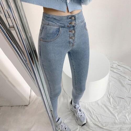 Stretch High Waist Skinny Jeans Women 2021 Autumn Slim Light Blue Washed Trousers Female Pencil Pants Ankle Length Denim Pants