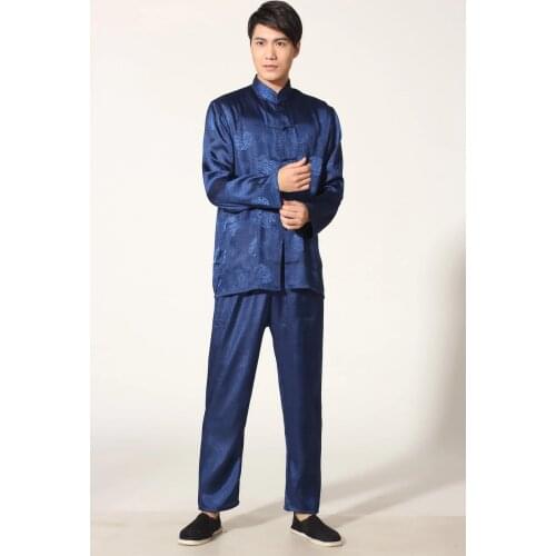 New Chinese Traditional Mens Satin Rayon Kung Fu Suit Vintage Long Sleeve Tai Chi Wushu Uniform Clothing M L XL XXL 3XL L070616
