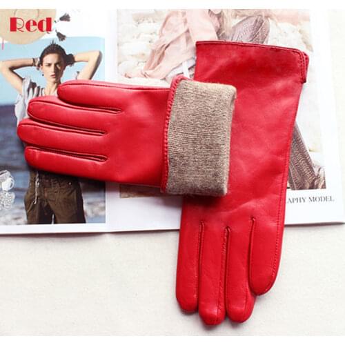 Leather Sheepskin Gloves Womens Autumn Warm Fleece Lining Color Fashion Thin Outdoor Activities Electric Bike Riding Driving