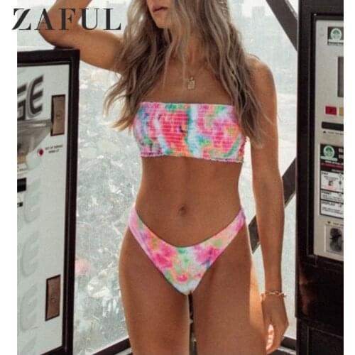 ZAFUL Jessica Howell Tie Dye Frilled Smocked Bikini Swimsuit Women Strapless Bandeau Bikini Bathing Suit Removable Padded New