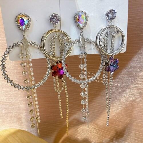 MENGJIQIAO Korean Asymmetric Circle Crystal Drop Earrings For Women Long Rhinestone Tassel Boucle D'oreille Party Jewelry