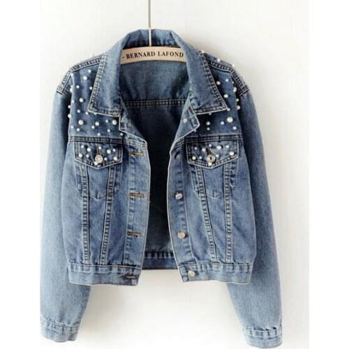 New 2020 Plus Size Pearl Beaded Short Denim Jacket 5Xl Womens Long Sleeve Retro Casual Denim Jacket Bomber Denim Jacket