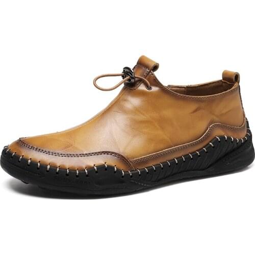 2021 Spring Summer New Mens Handmade Breathable Leather Shoes black brown Elastic band Flats Fashion Casual driving Shoes