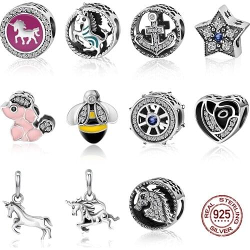 New Original Design 100% 925 Sterling Silver Charm Unicorn Dangle Stern rudder Bead Fit European Women Fashion DIY Jewelry Gift
