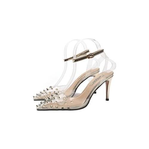 Sexy thin heel point rivet shoe summer word button transparent sandals