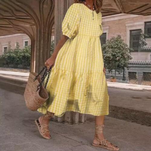 Summer Dress Women Dresses Bohemian Plaid Patchwork Summer Dress Puff Sleeve Round Neck beautiful Vintage French Dress 3XL