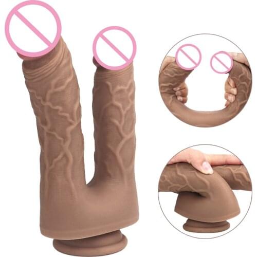 Realistic Double Headed Dildo Sex Toys For Woman or Couple Dual Sided Headed Penetration Device With Simulated Penile Sucker