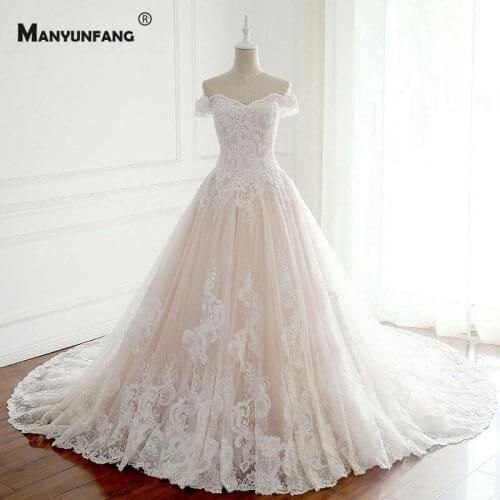Luxury Boat Neck Embroidery Appliques Tulle Chapel Train Bridal Ball Gown Elegant Off The Shoulder Lace Up Wedding Dress