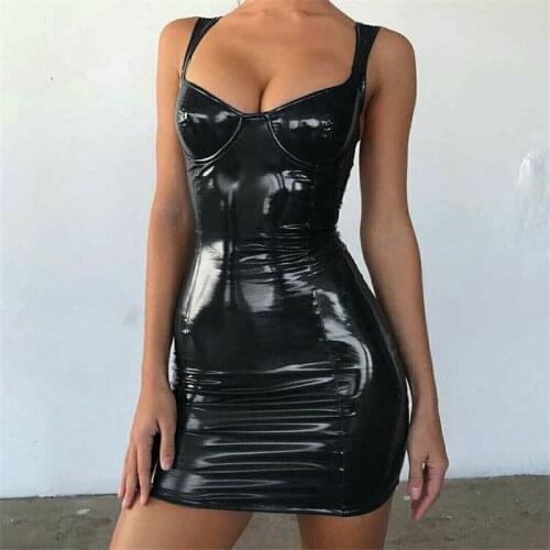 Sexy Women Backless Club Party Short Dress Solid Black Wet Look Latex Bodycon Faux Leather Push Up Bra Mini Micro Dress Leotard