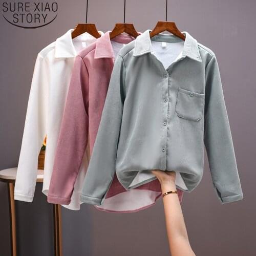 Thick Corduroy Shirt Womens Long Sleeve Loose Bottoming Shirt 2021 Autnmn and Winter Velvet Jacket College Style Tops 12402