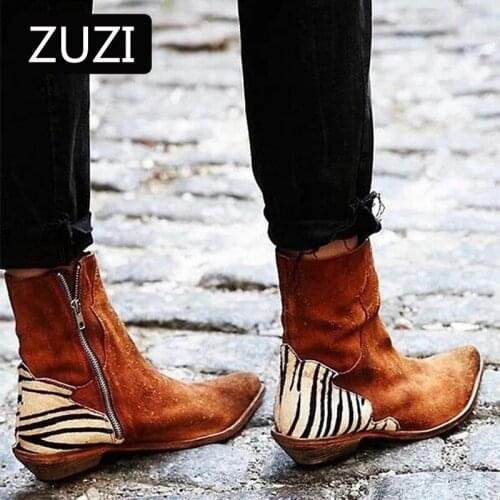ZUZI Women Shoes 2021 Sexy Leopard Pointed Toe Ankle Boots Zipper Zebra Pattern Deep Flat Heel Boots Lady Shoes Women Boots