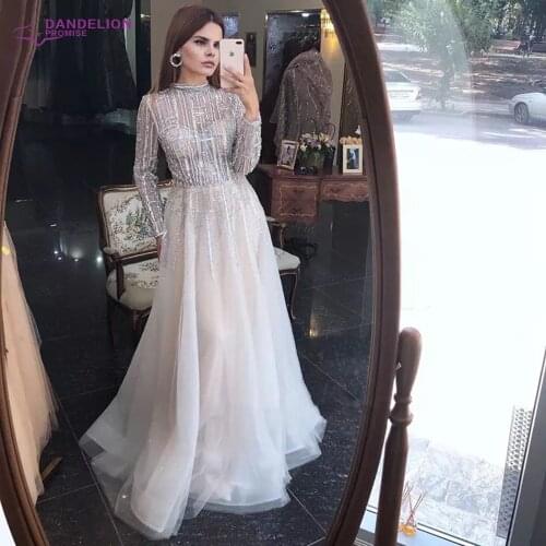 Luxury Long Sleeve Muslim Evening Dresses For Women 2021 Dubai Crystal Beading High Neck Arabic Formal Prom Party Gowns