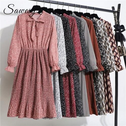 Women Casual Chiffon Print Casual Midi Dresses Korean Spring Summer Long Sleeve Pleated Dress