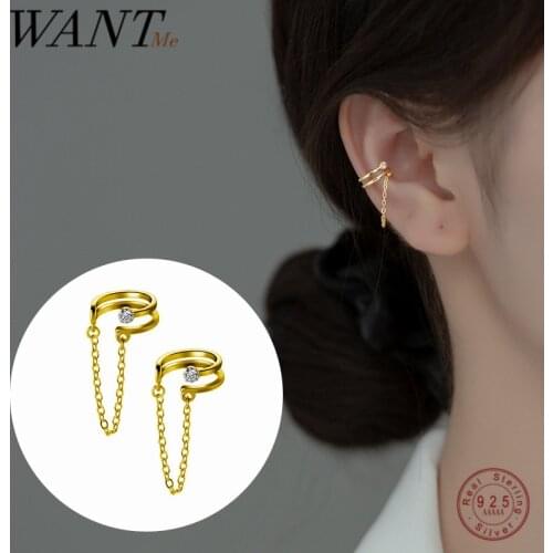 WANTME 925 Sterling Silver Double Cuban Link Chain Ear Clip Earrings for Women Bohemian Rock No Piercing Trendy Ear Cuff Jewelry