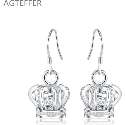 AGTEFFER 100% Real 925 Sterling Silver Elegant Crown Drop Earrings for Women Wedding Jewelry New Trendy Earrings Gifts