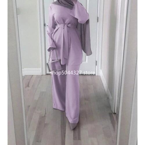 Women Fashion Two Piece Matching Outfit Belt Tops Back Zip Full Sleeve Long Wide Leg Pants Muslim Islamic Sets Dubai Turkey Chic