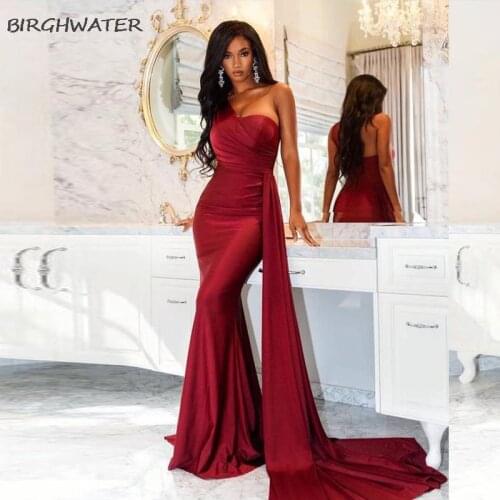 Womens One Shoulder Padded Sexy Satin Maxi Dress Evening Party Dresses Gown with Ribbon Royal Burgundy Draped Long Dress