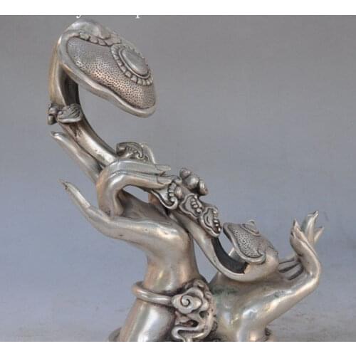 003424 Chinese exquisite Bronze Silver Kwan-yin Guanyin Hands Ruyi STATUES