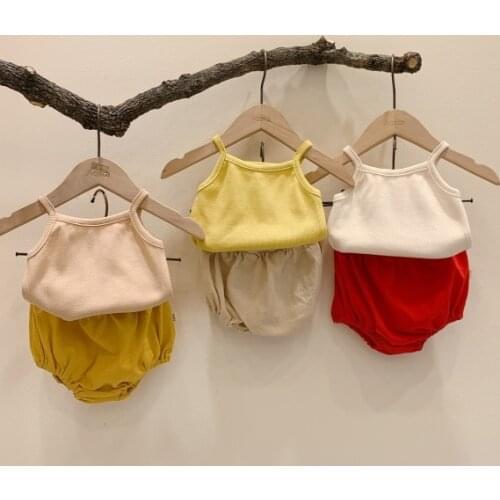 2020 Newborn Baby Girls Boys Sling Tops+Shorts Summer Clothes Cotton Sleeveless Button Jumpsuit Infants Beach Holiday Sunsuit