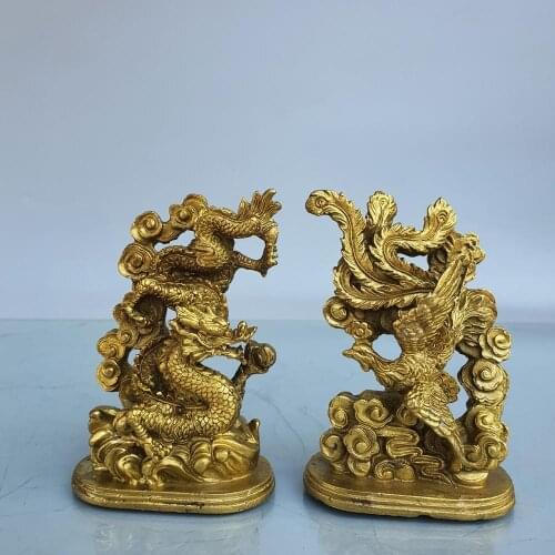 Home Decor 5"Chinese Seikos Bronze Dragon and Phoenix Buddha Dragon and Phoenix Lang Cai female appearance Perfect match