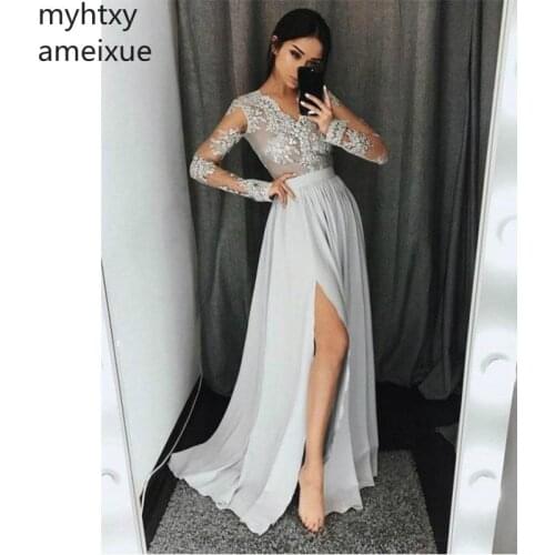 White Sexy Plus Size Evening Dresses Lace Prom Dress V Neck Side Split Long Floor Long Sleevslength Evening Gowns Custom Made