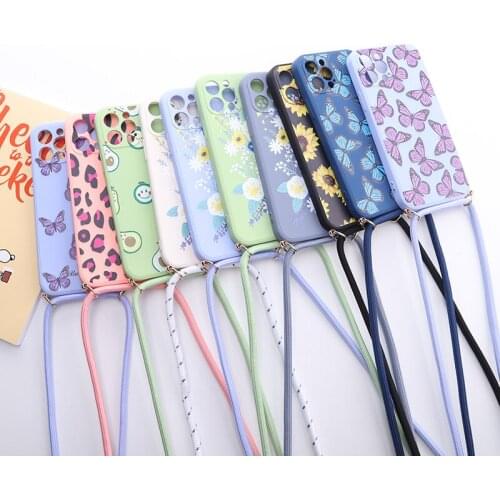Flower Butterfly Crossbody Lanyard Liquid Silicone Phone Case For iphone 11 12 Pro Max MiNi X XR XS 7 8P Phone Cover With Strap