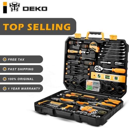DEKO Hand Tool Set General Household Repair Hand Tool Kit with Plastic Toolbox Storage Case Socket Wrench Screwdriver Knife