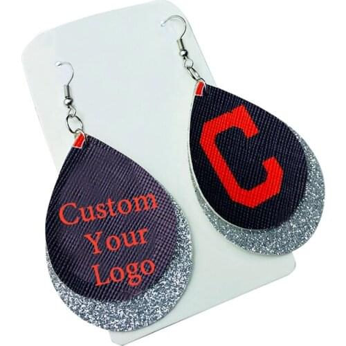 Double Layered Glitter Cleveland Indians Football Fans Faux Leather Earrings Lightweight Teardrop Earrings Cерьги Make Order