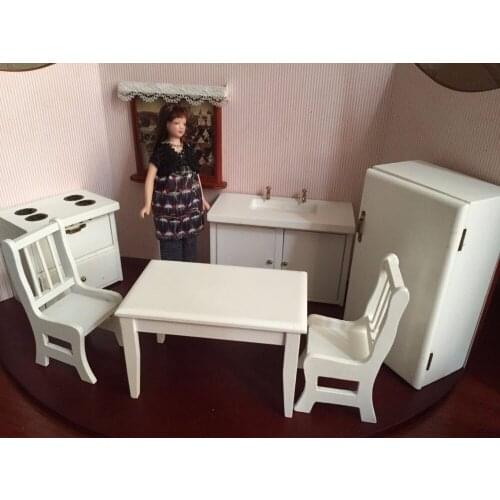 G07-X484 children gift Toy 1:12 Dollhouse mini Furniture Miniature rement Doll accessories White kitchen 6pcs/set