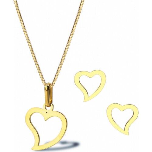 Stainless Steel Lovely Heart Elegant Bridal Female Gift Jewelry Sets Simple Gold Color Chain Hollow Heart Necklaces&Earrings