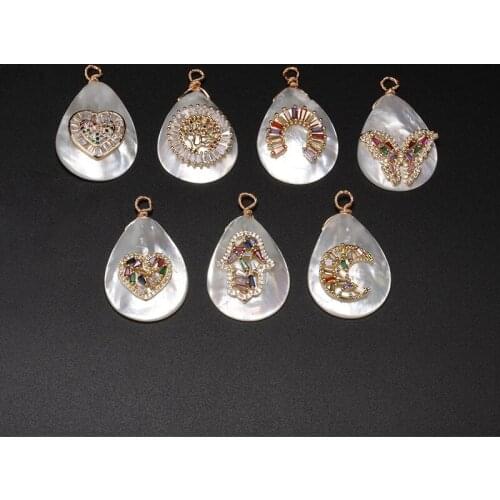 Colorful cz cubic zircon crystal paved multi image charm natural white water drop shell pendant for women earring necklace DIY