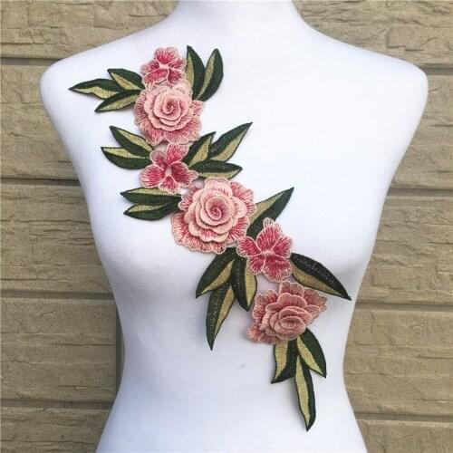 1Pc 42*13cm 3D Pink Flower Embroidered Lace Sewing for Clothes Applique Diy Accessory Suppliers Sticker Lace Neckline collar