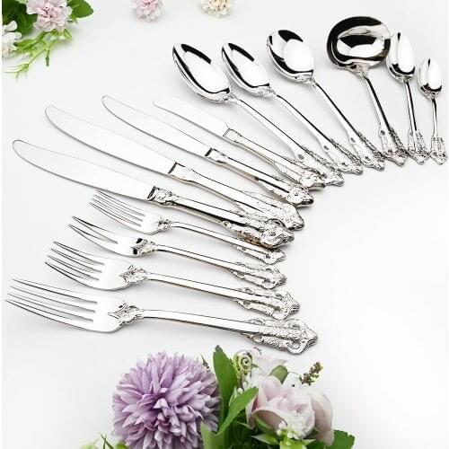 Dinnerware Set 6pcs Vintage Silver 304 Stainless Steel Cutlery Set Spoons Forks Knife Tableware Mirror Dinner Kitchen Flatware