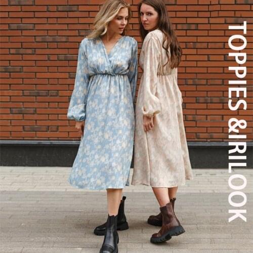 Toppies 2021 Print Dress for Women Sexy V Neck Midi Dress Vestidos Long Sleeve A Line Elastic waist Long Dress