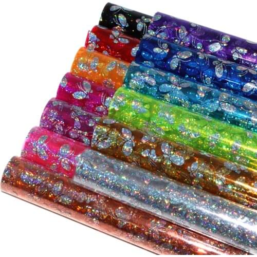 Iridescent Faux Leather Sheets Butterfly Printed Jelly Transparent Synthetic Leather Fabric 20x33cm for DIY Earrings Hair Bows