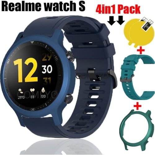4in1 Pack for Realme watch S band silicone Sports Smartwatch Bracelet Strap PC Plastic Cases Cover screen protector film