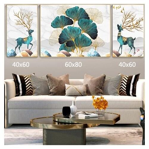 Modern Golden Light Luxury Animal Elk Fortune Tree Picture Canvas Painting Home Decor Living Room Background Art Wall Poster