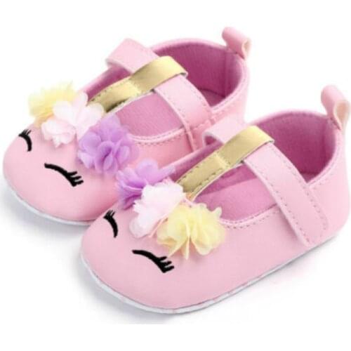 Baby Girls Flower Unicorn Shoes Jane Mary Flat Shoes Newborn Infant Girl PU Non-slip Soft Sole First Walker Shoes 0-18M
