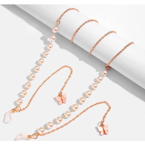 Flatfoosie Fashion Thin Glasses Chain For Women Imitation Pearl Resin Butterfly Pendant Gold Color Sunglasses Chain Accessories