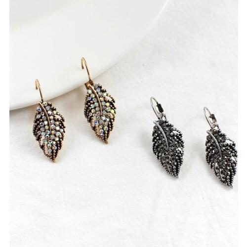 Creative Plant Leaf Earrings Ancient Silvery Bronze Openwork Leaf Crystal Rhinestone Ear Clips Female Charm Bohemia Jewelry