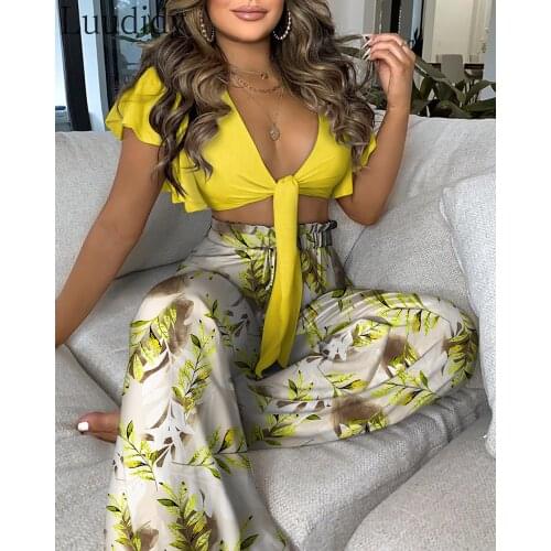 2 pcs Womens Suit Set Sexy Ruffle Trim Knotted Crop Top & High Waist Wide Leg Pants Set