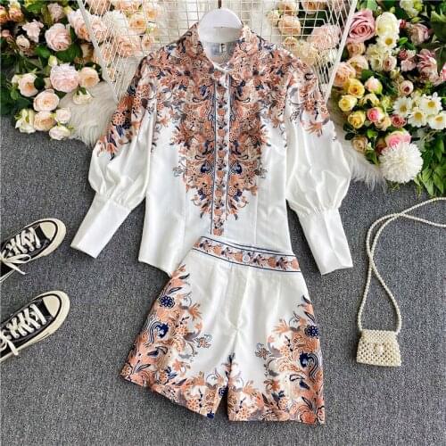 New Autumn Women Casual Suits Set Long Puff Sleeve Single-breasted Shirt & Wide-leg Shorts 2pcs Set Ladies Fashion Fall Sets