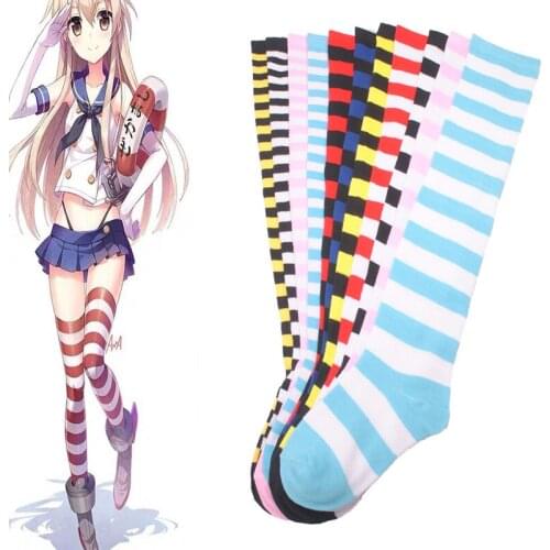1Pair New Women Girls Over Knee Long Stripe Printed Thigh High Striped Patterned Socks 9 Colors Sweet Cute Warm Wholesale Lot
