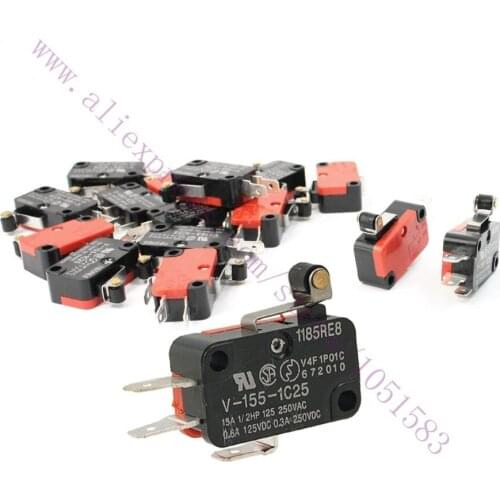 10pc / lot ,V-155-1C25 Short Hinge Roller Lever Arm SPDT Momentary Micro Limit Switch 15A 250V AC For 3D Printer Reprap